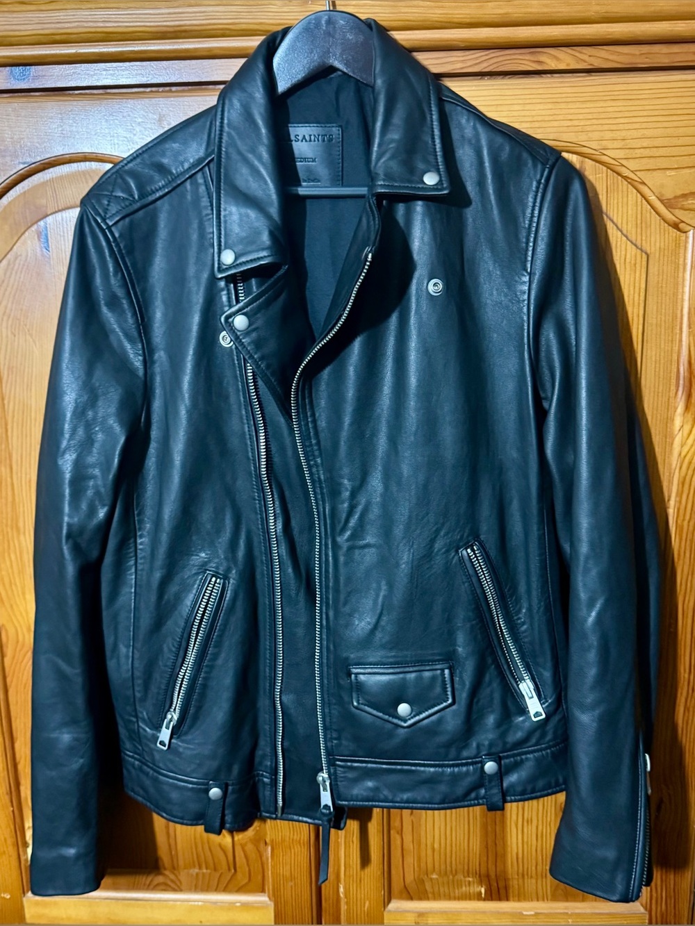 All Saints Black Leather Milo Biker Jacket with Silver Hardware